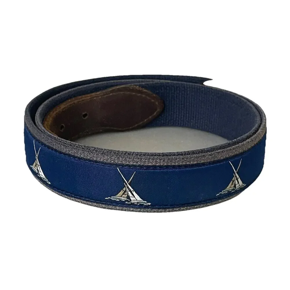 Belted Cow Co Nautical Sailboat Ribbon Club Belt Mens 44 Leather Preppy Yacht
